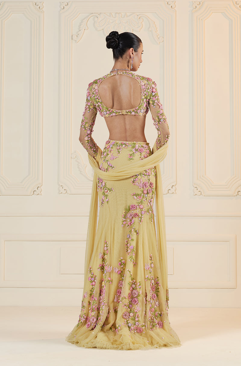 Butter Yellow Tulle 3D Floral Embroidered Fishtail Skirt Set