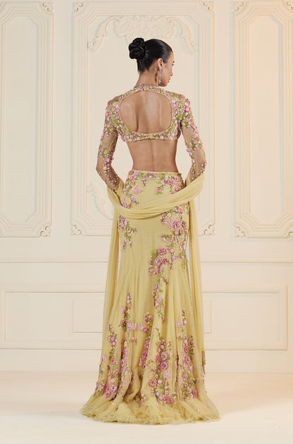 Butter Yellow Tulle 3D Floral Embroidered Fishtail Skirt Set