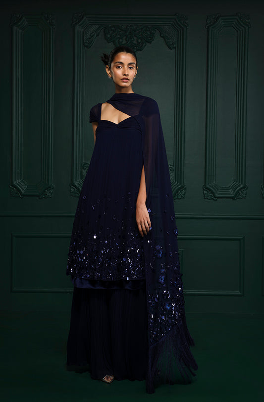 Navy Chiffon Sharara Set