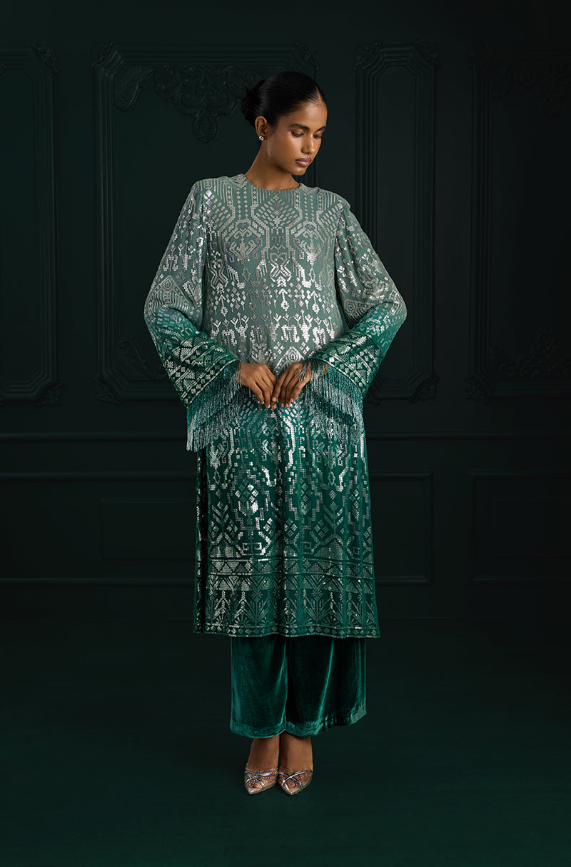Ombré Shaded Green Aztec Sequin Embroidered Kurta Set
