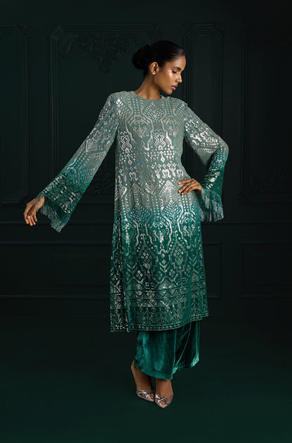 Ombré Shaded Green Aztec Sequin Embroidered Kurta Set