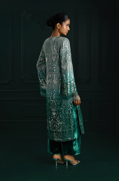 Ombré Shaded Green Aztec Sequin Embroidered Kurta Set
