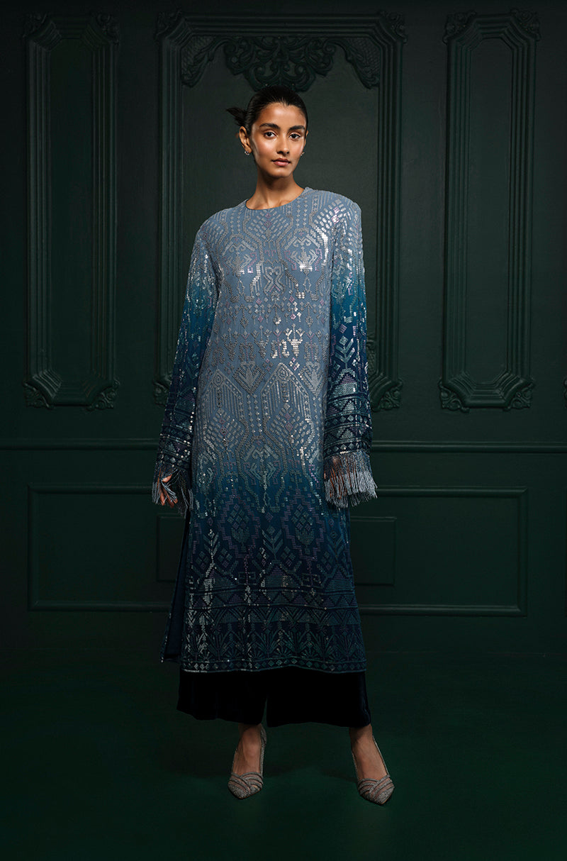 Ombré Shaded Blue Aztec Sequin Embroidered Kurta Set