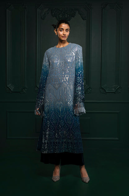 Ombré Shaded Blue Aztec Sequin Embroidered Kurta Set