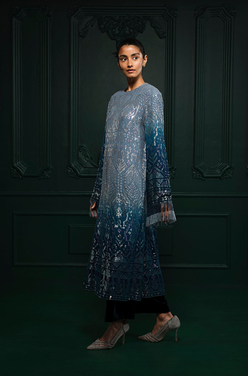 Ombré Shaded Blue Aztec Sequin Embroidered Kurta Set