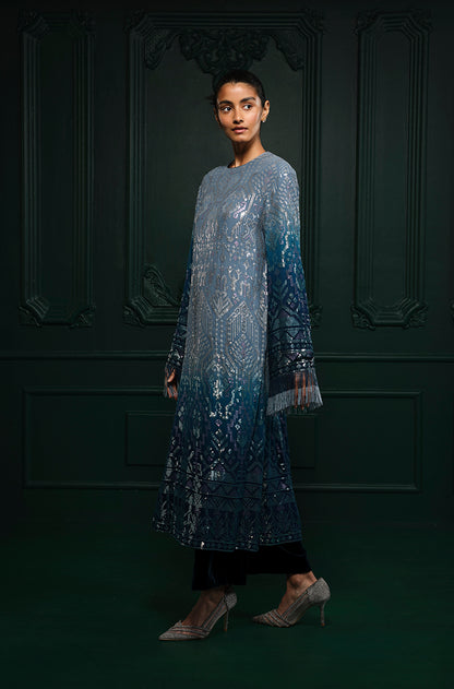 Ombré Shaded Blue Aztec Sequin Embroidered Kurta Set