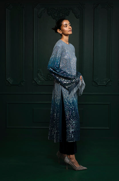 Ombré Shaded Blue Aztec Sequin Embroidered Kurta Set