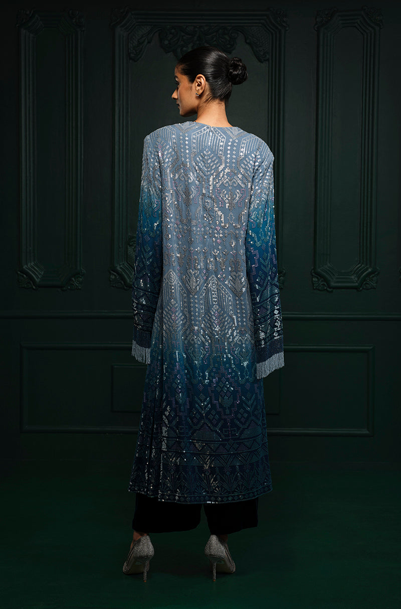 Ombré Shaded Blue Aztec Sequin Embroidered Kurta Set