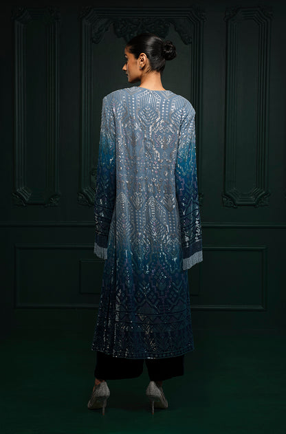 Ombré Shaded Blue Aztec Sequin Embroidered Kurta Set