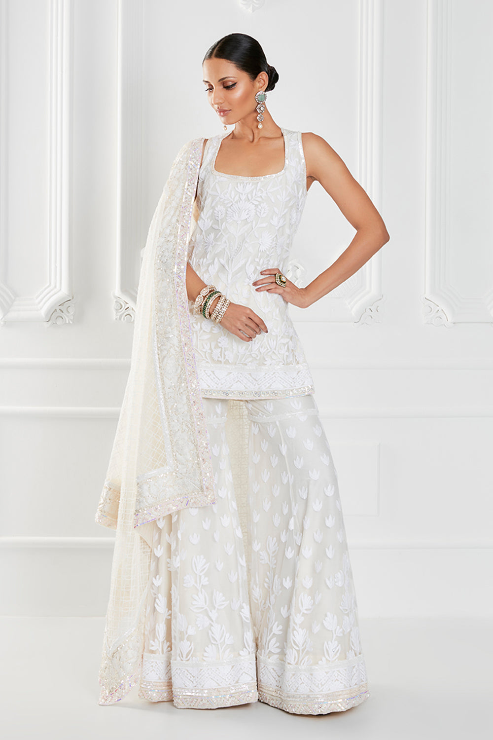 Ivory Georgette Embroidered Sharara Set