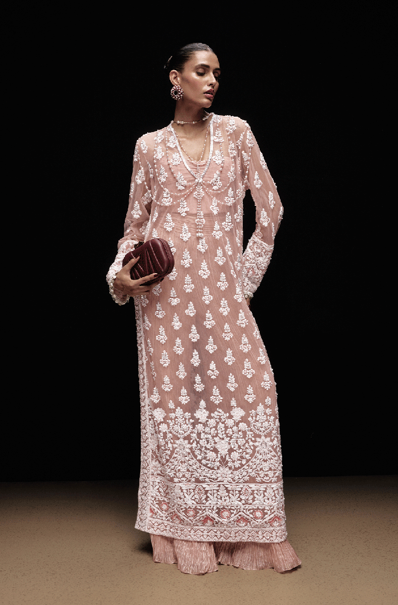 Peach Booti Scallop Tulle Mijwan Full Sleeve Kurta Set