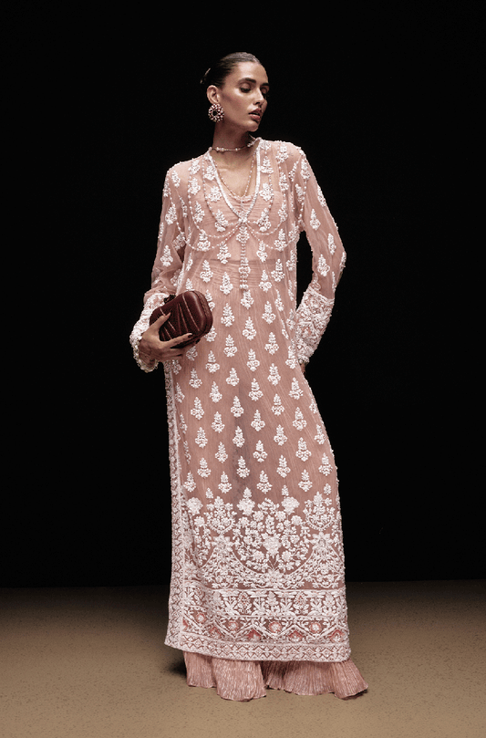 Peach Booti Scallop Tulle Mijwan Full Sleeve Kurta Set
