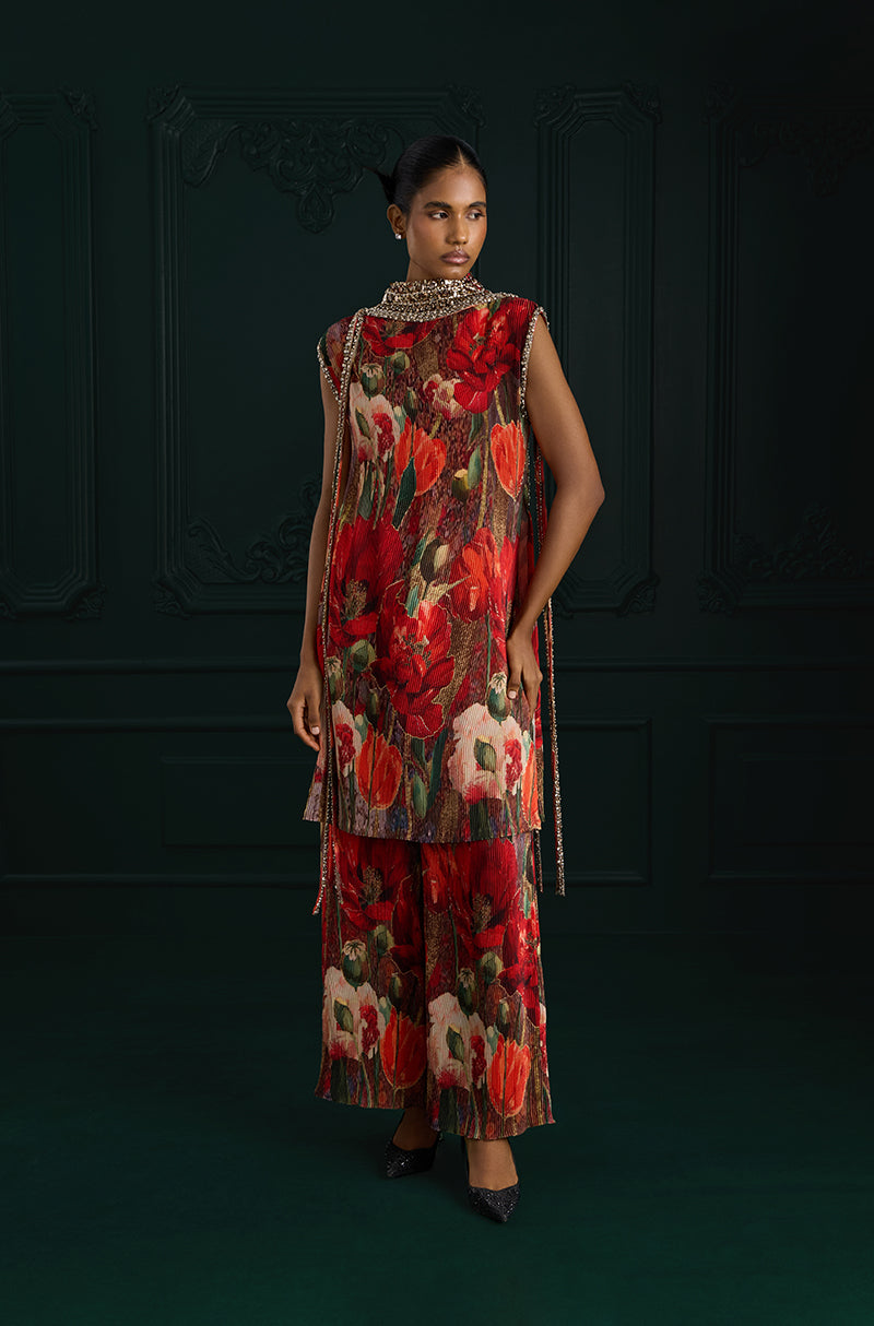 Red Pre-Pleated Floral Printed Kurta Set
