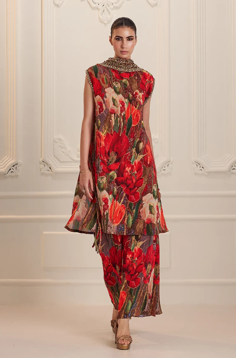 Red Pre-Pleated Floral Printed Kurta Set