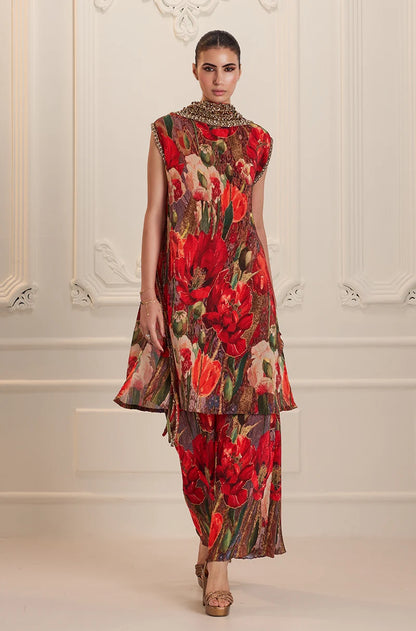 Red Pre-Pleated Floral Printed Kurta Set