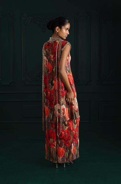 Red Pre-Pleated Floral Printed Kurta Set