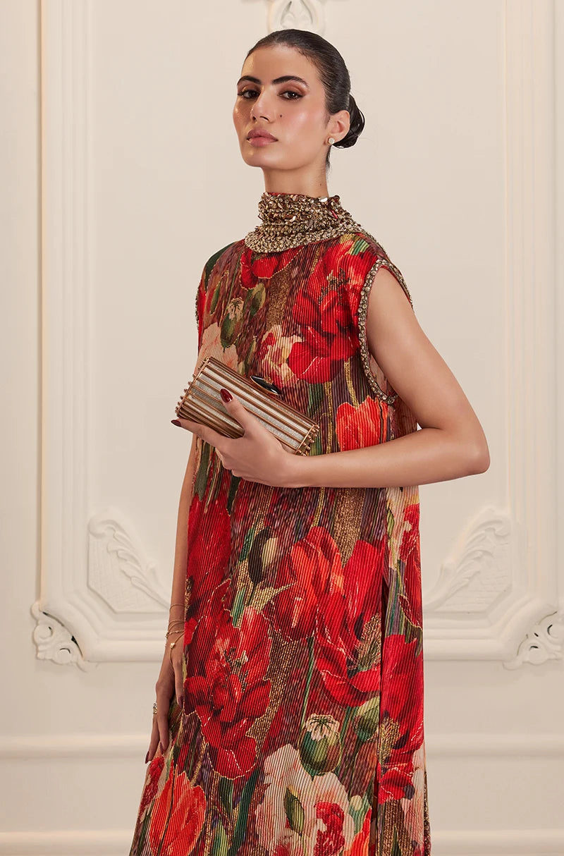 Red Pre-Pleated Floral Printed Kurta Set