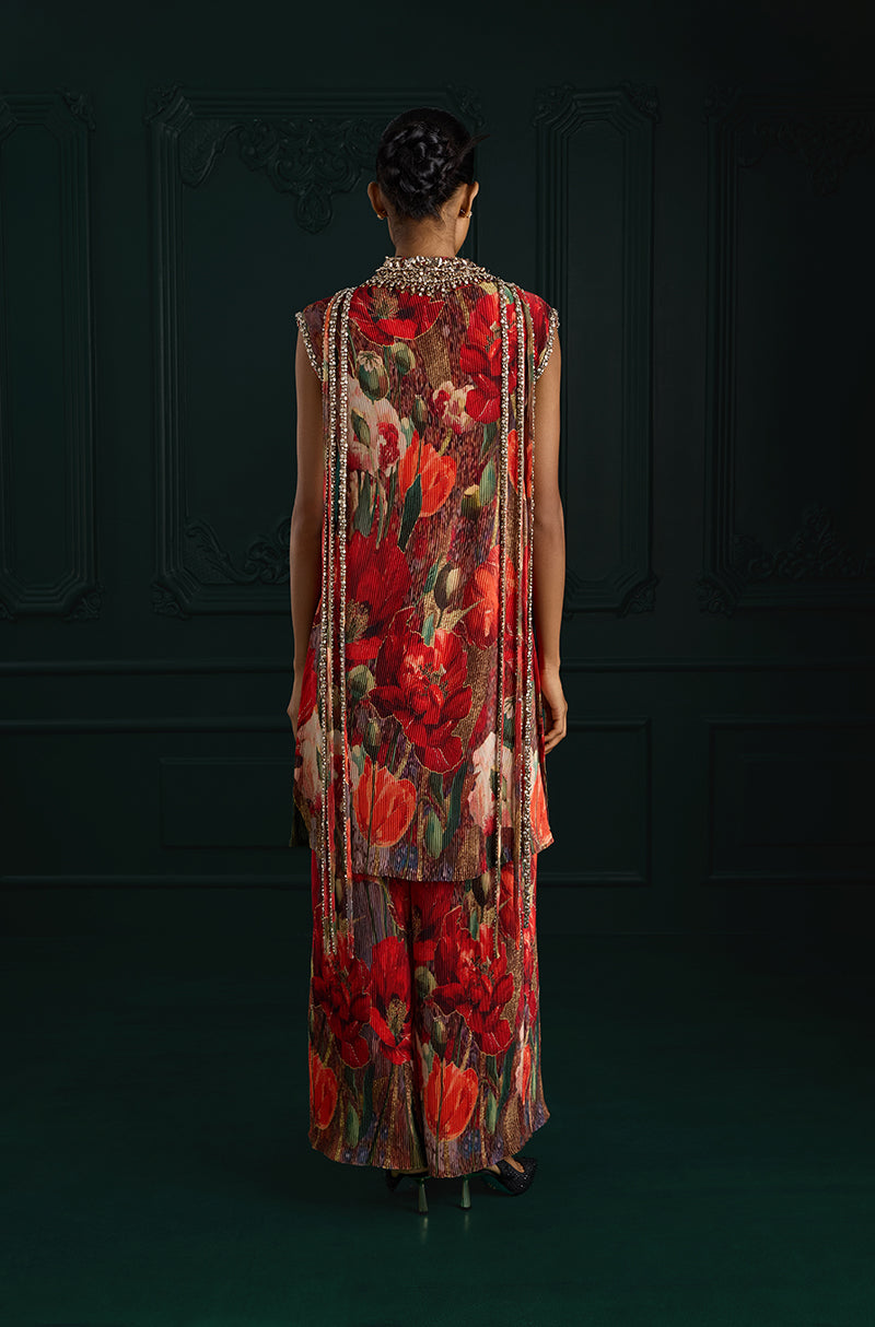 Red Pre-Pleated Floral Printed Kurta Set