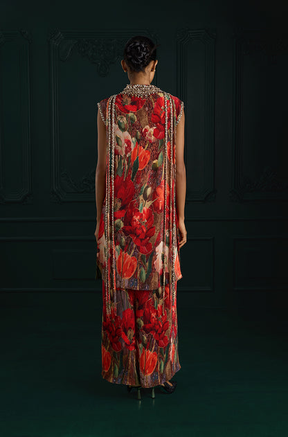 Red Pre-Pleated Floral Printed Kurta Set