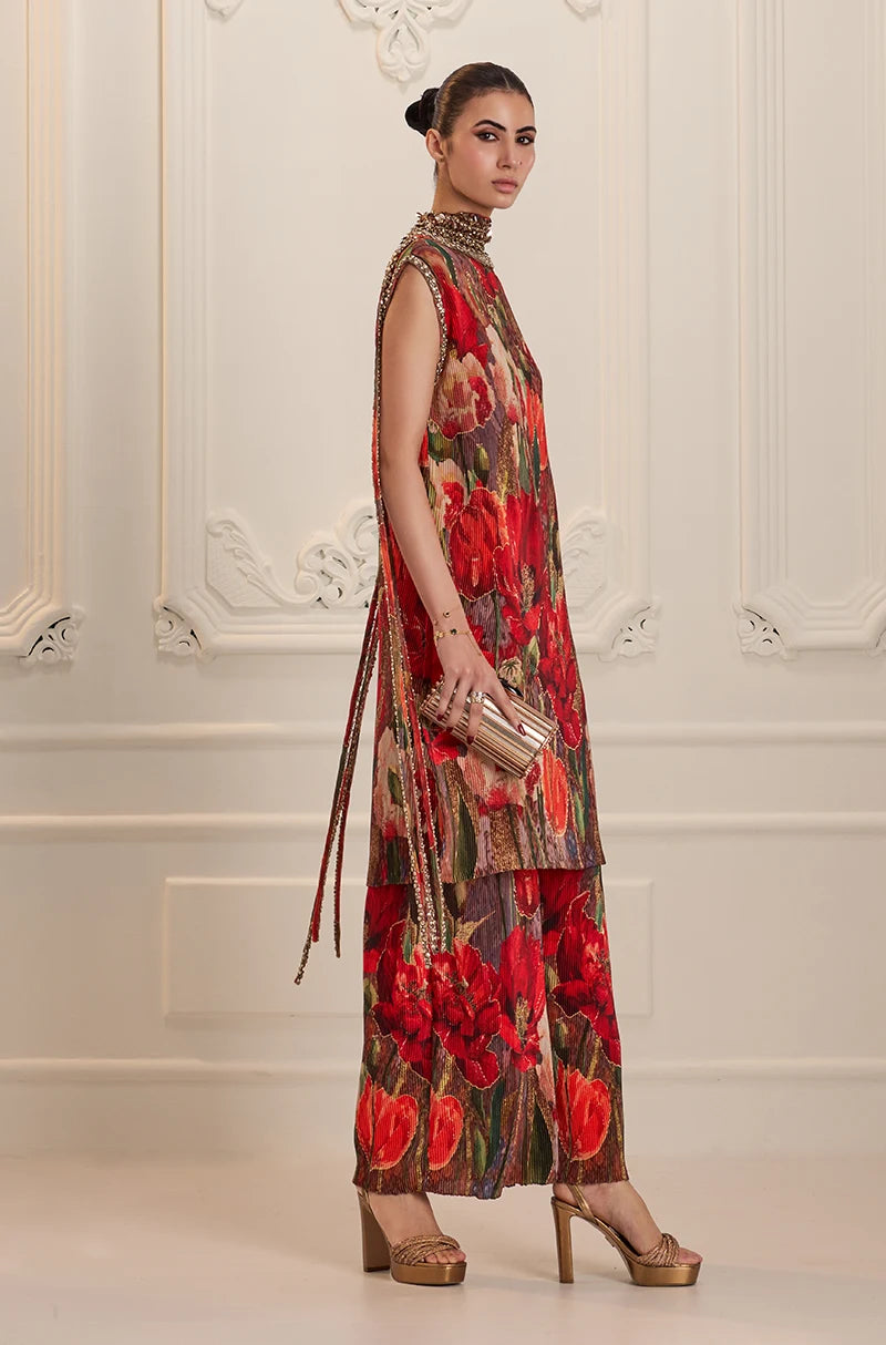 Red Pre-Pleated Floral Printed Kurta Set