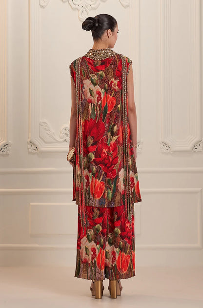 Red Pre-Pleated Floral Printed Kurta Set