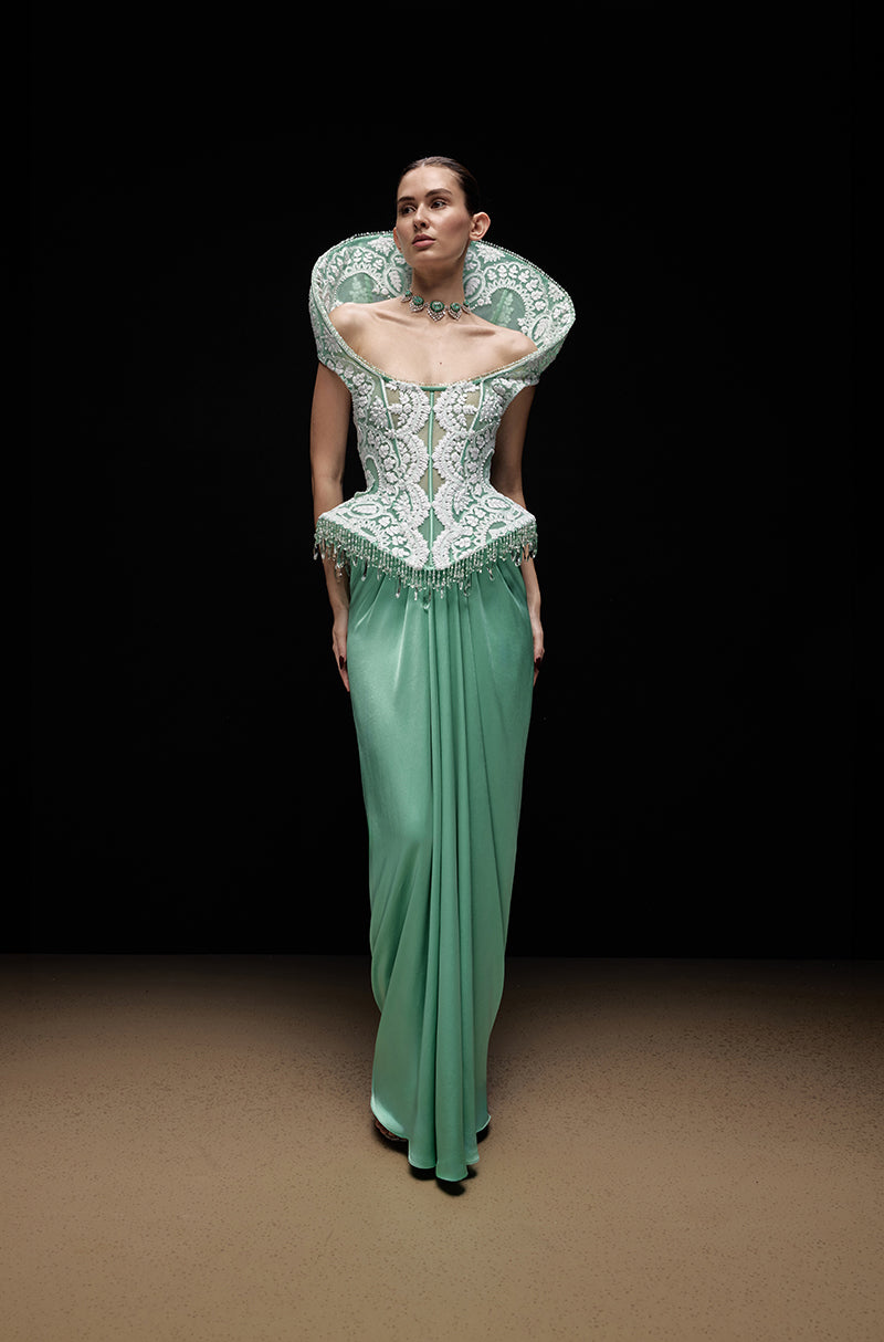 Russian Emerald Green With Ivory Mijwan Wrap Skirt Set