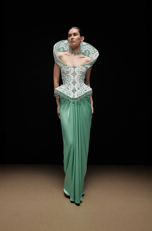 Russian Emerald Green With Ivory Mijwan Wrap Skirt Set