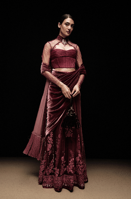 Old Rose Tulle Mijwan Stitched Saree Set