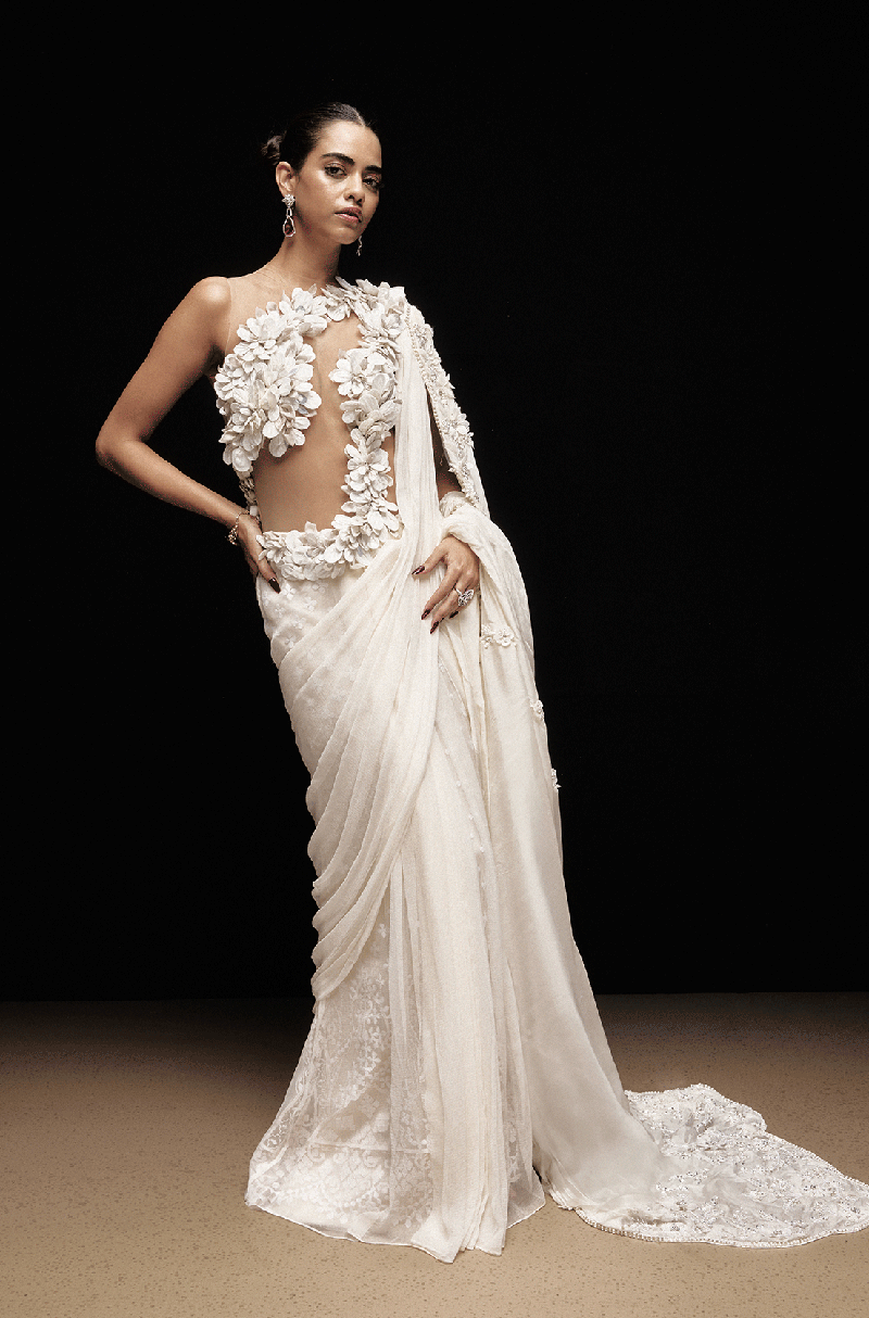 Ivory Mijwan Draped Saree Gown