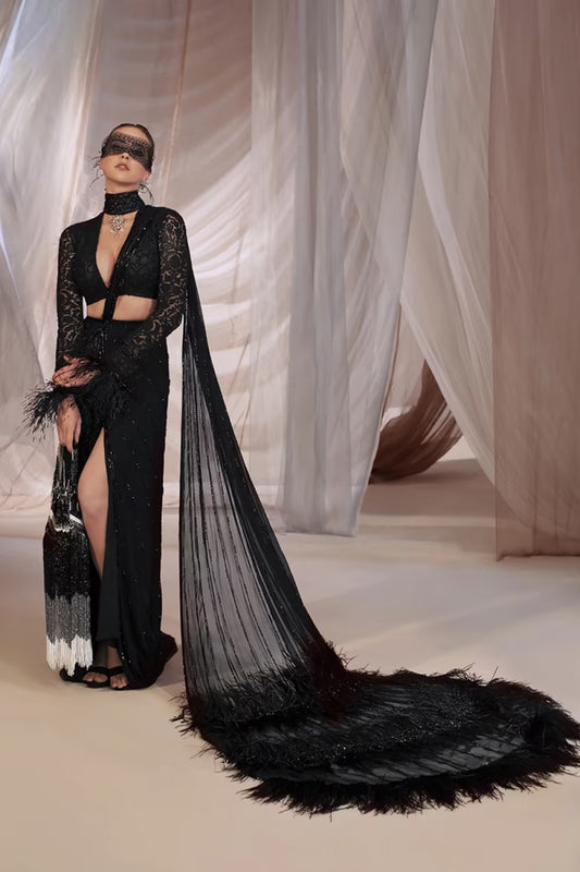 Mijwan Black Feathered Draped Saree Set