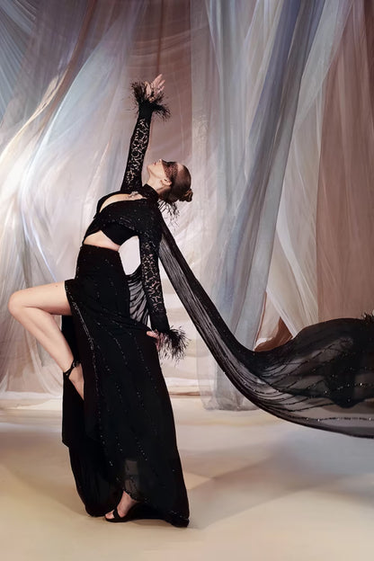 Mijwan Black Feathered Draped Saree Set