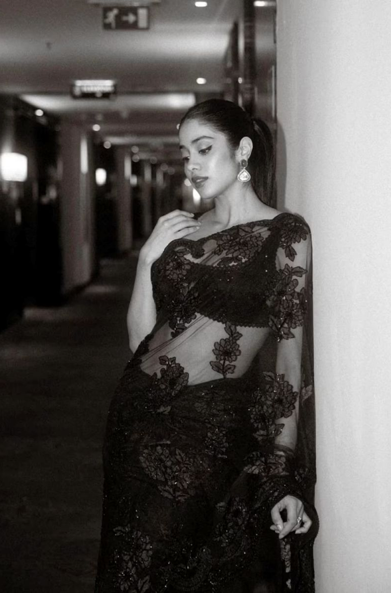 Janhvi Kapoor in all Black Net Embroidered Saree