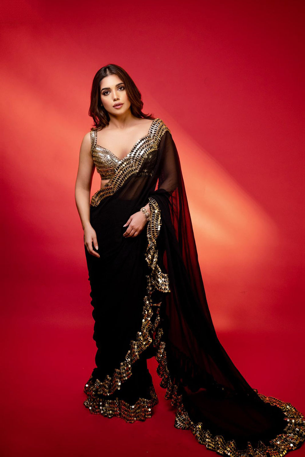 Samiksha Pednekar in our Black Ruffled Embroidered Saree
