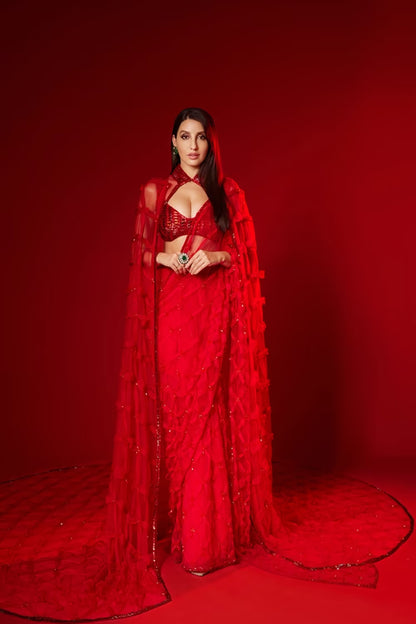 Nora Fatehi in our Red Saree and Cape Set
