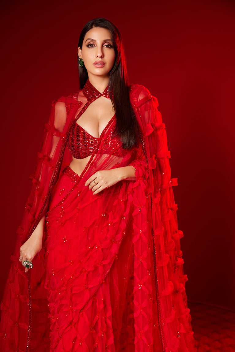 Nora Fatehi in our Red Saree and Cape Set