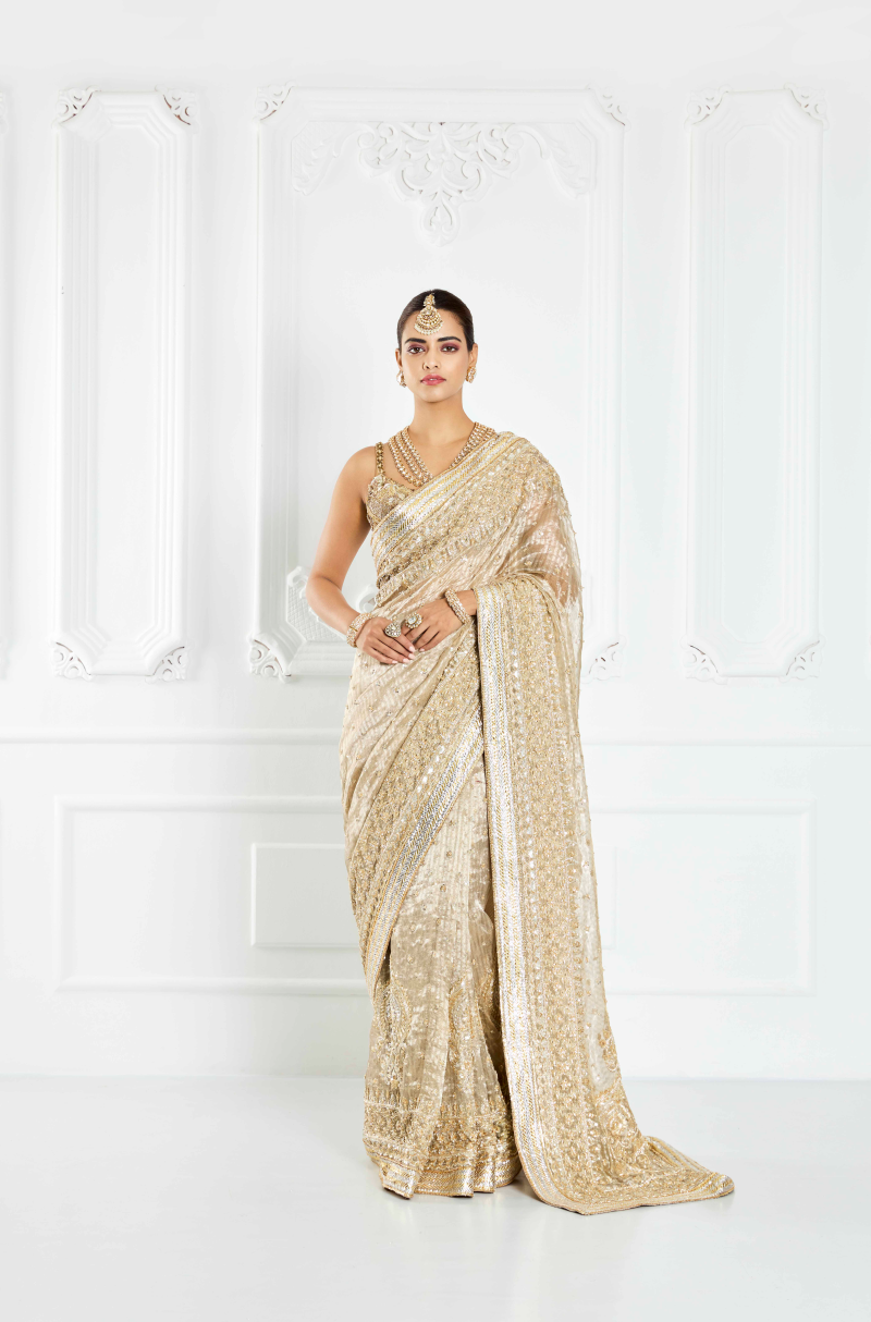 Beige and Gold Embroidered Saree Set