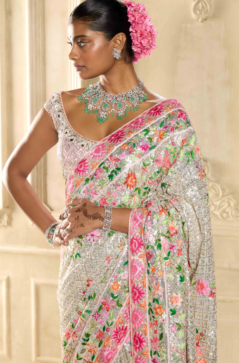 Ivory Embroidered Saree Set