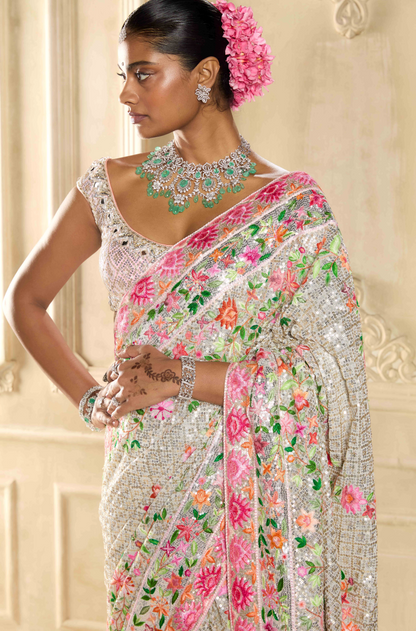 Ivory Embroidered Saree Set