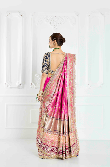 Bright Pink Brocade Half Saree Set