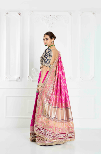 Bright Pink Brocade Half Saree Set