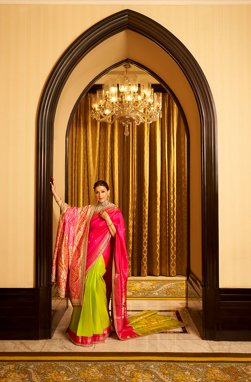 Sonali Bendre in our Pink & Green Pathani Saree Set
