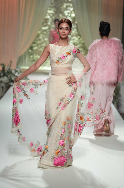 Biscuit Tulle Multicoloured Embroidered Saree Set
