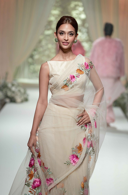 Biscuit Tulle Multicoloured Embroidered Saree Set