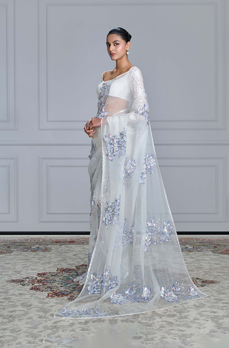 Ivory Floral Sequin Saree Set