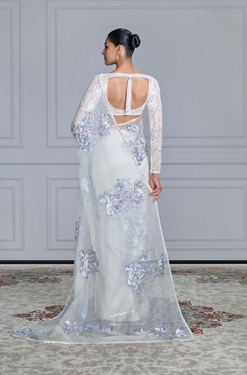 Ivory Floral Sequin Saree Set