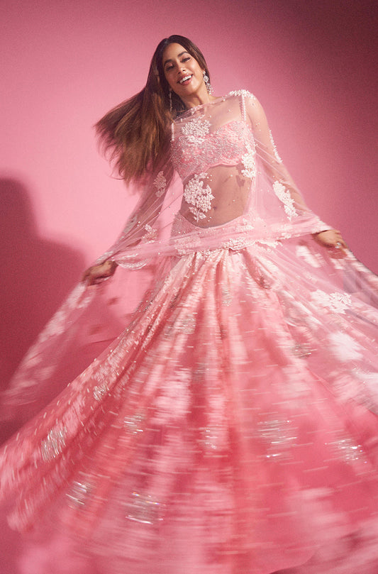 Janhvi Kapoor in our Vintage Rose Pink Lace Lehenga Set