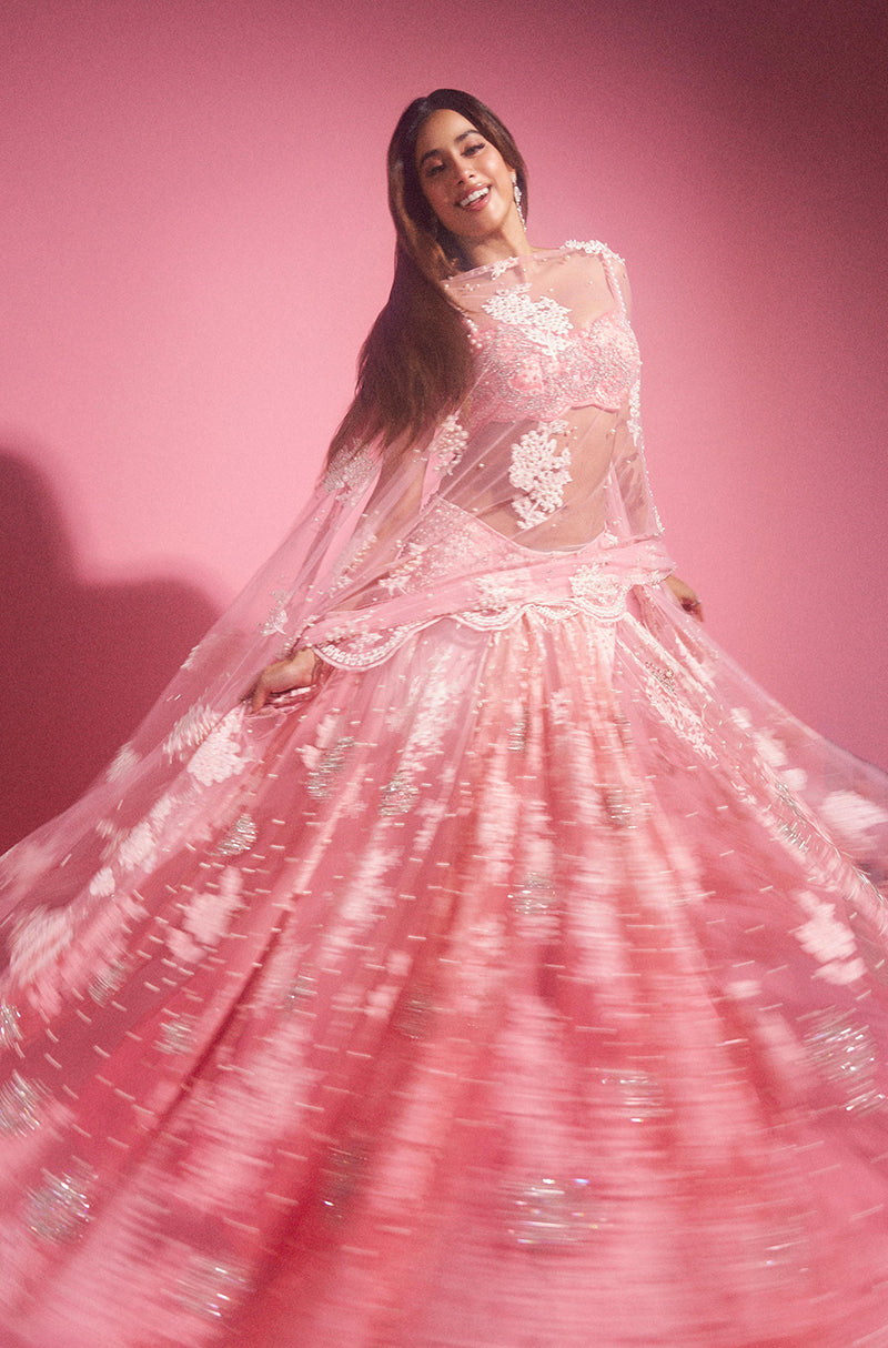 Janhvi Kapoor in our Vintage Rose Pink Lace Lehenga Set