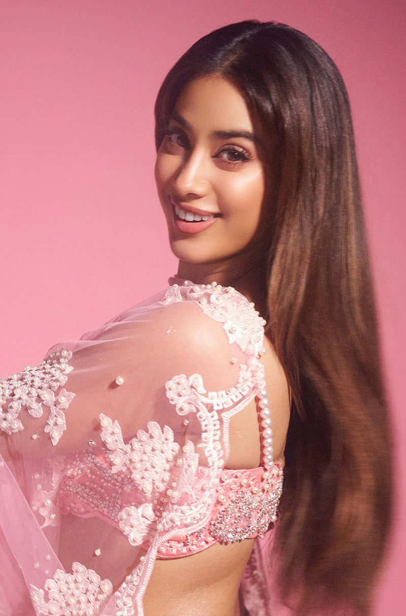 Janhvi Kapoor in our Vintage Rose Pink Lace Lehenga Set