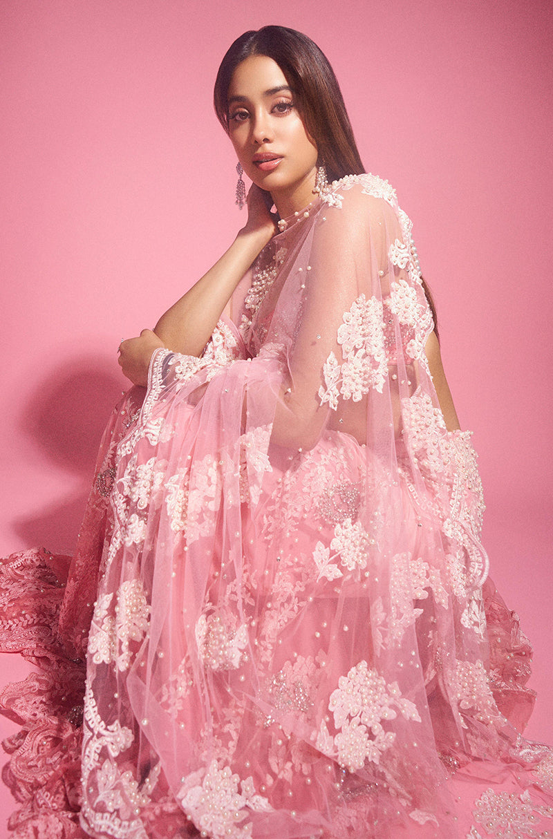 Janhvi Kapoor in our Vintage Rose Pink Lace Lehenga Set