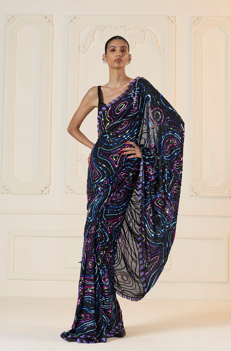 Black Multi-Color Sequin Saree Set